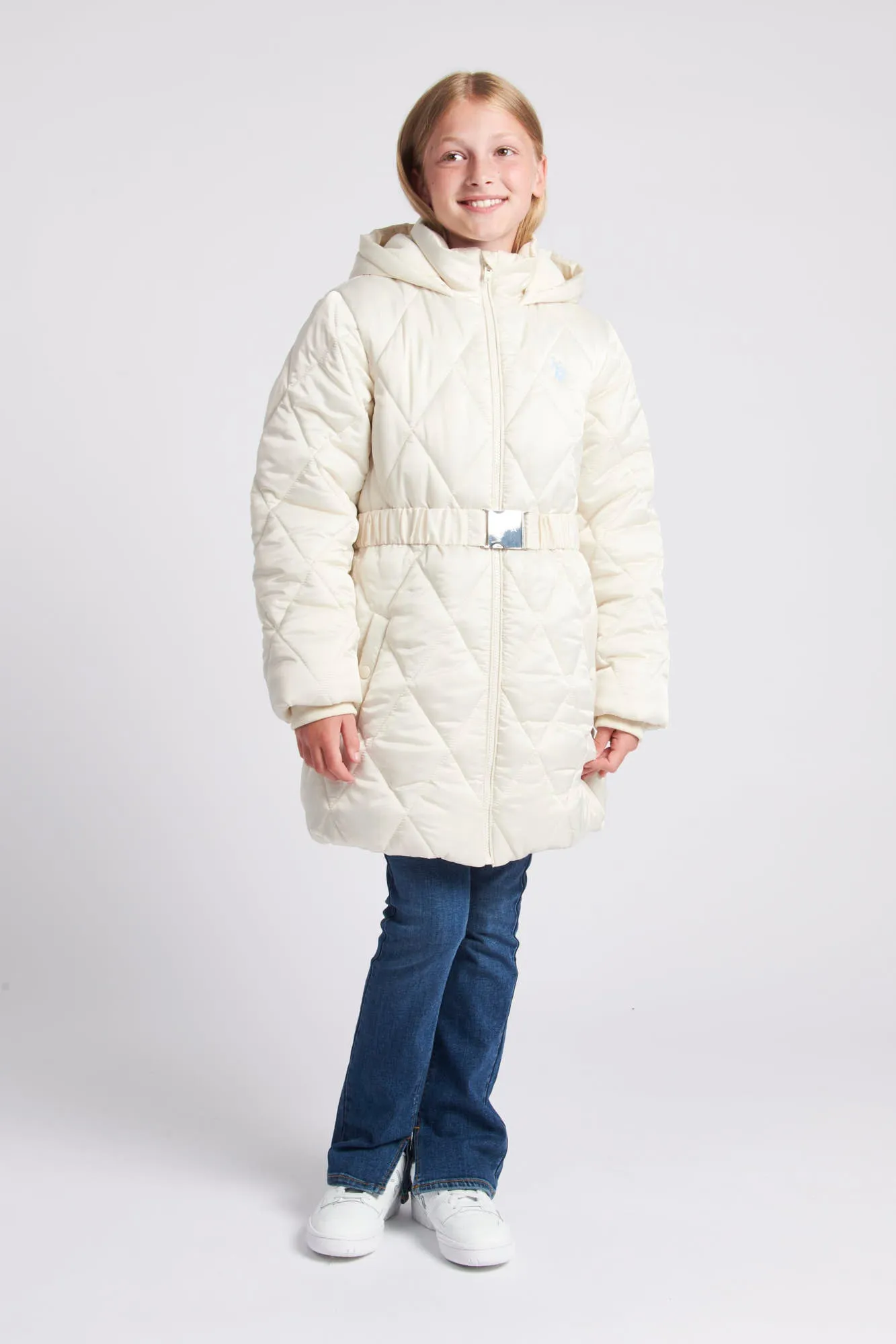 Girls Belted Puffer Coat in Turtle Dove