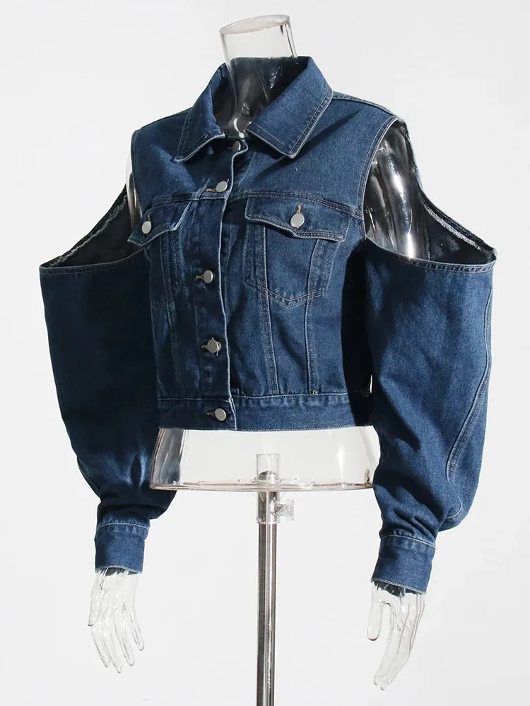 Hollow Out Off Shoulder Fashion Denim Jackets For Women Lapel Long Sleeve Spliced Single Breasted Short Coats Female Style