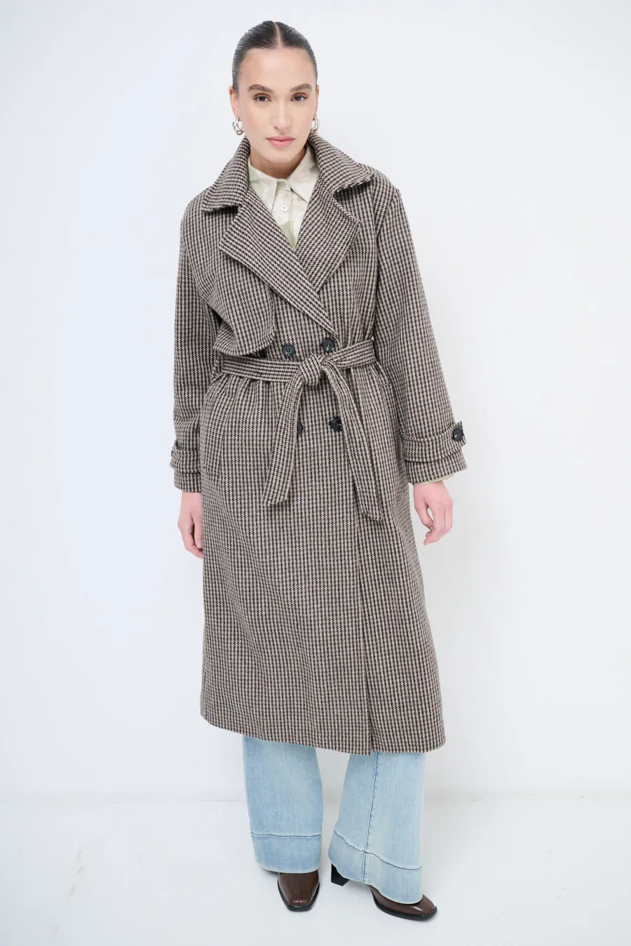 Houndstooth trench coat with belted waist wholesale