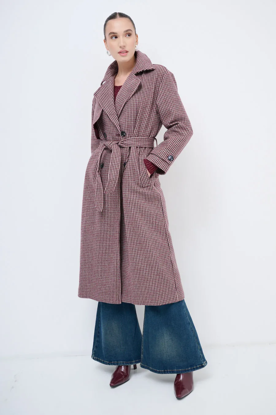 Houndstooth trench coat with belted waist wholesale