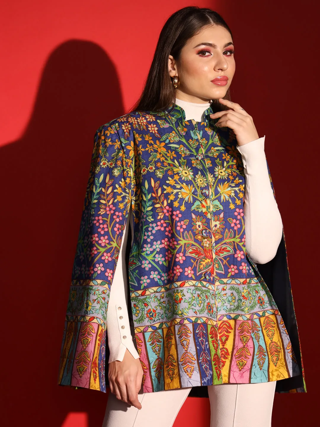 ladies cape coat with kalamkari embroidery