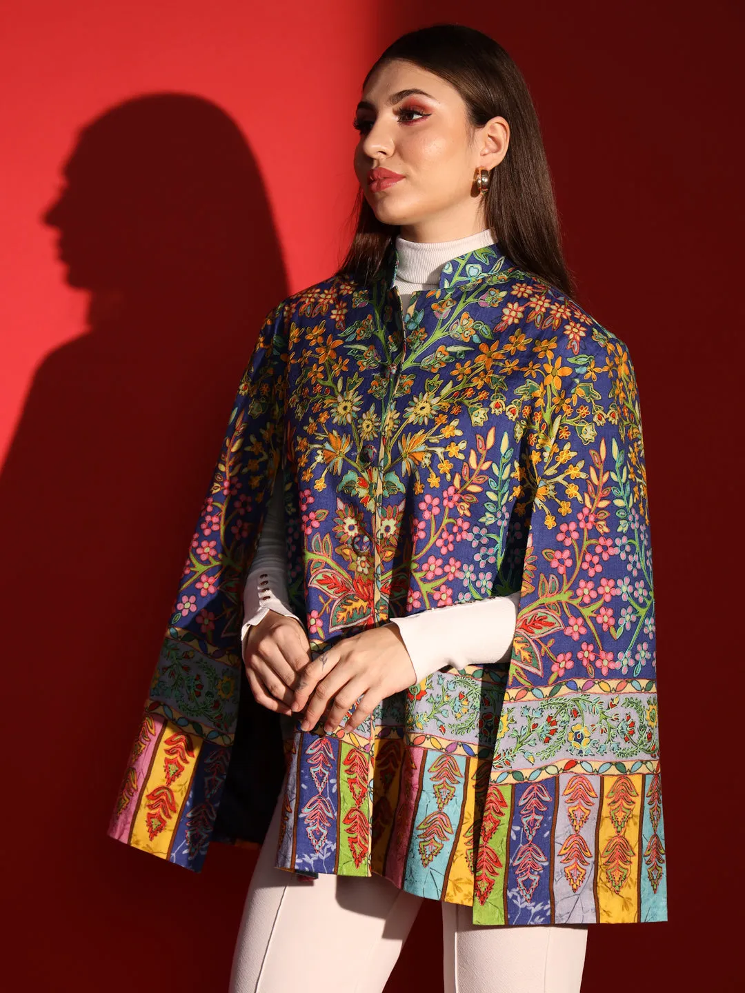 ladies cape coat with kalamkari embroidery