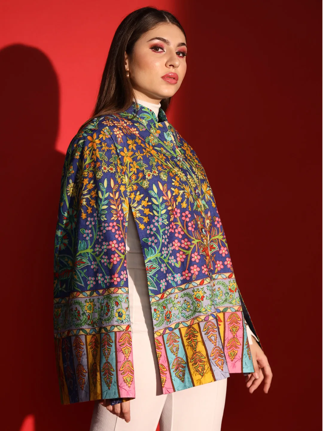 ladies cape coat with kalamkari embroidery