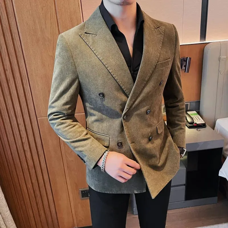 Luxury Double-Breasted Corduroy Blazer Jackets: Sleek Business Slim Fit with Casual Striped Suit Coats