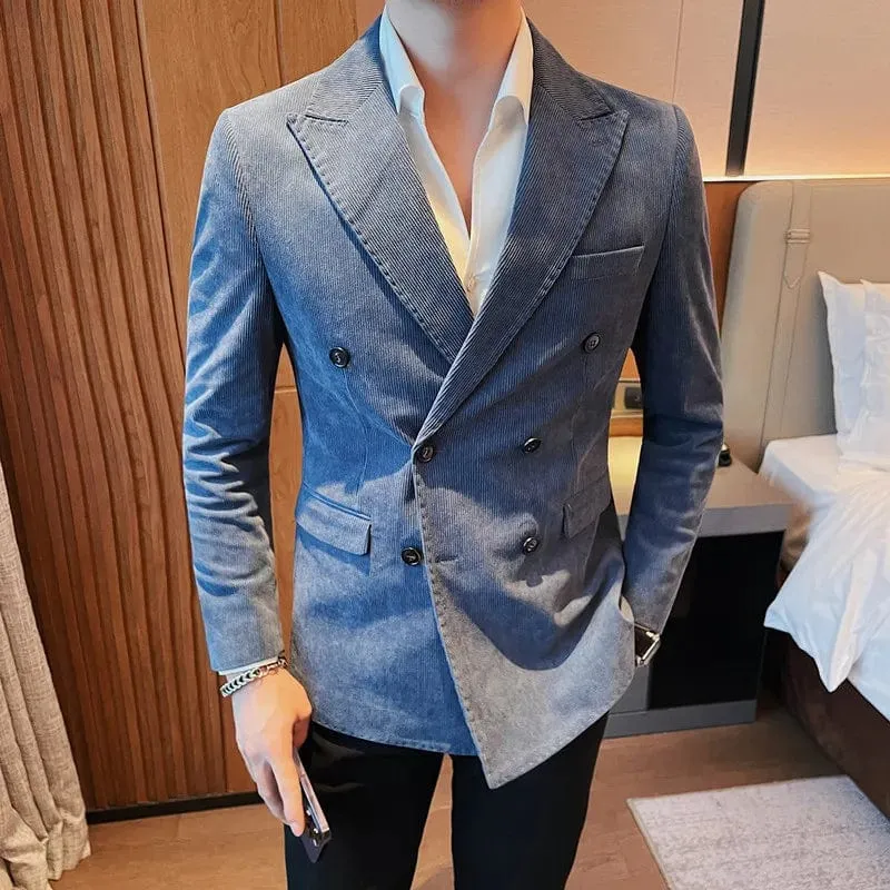 Luxury Double-Breasted Corduroy Blazer Jackets: Sleek Business Slim Fit with Casual Striped Suit Coats