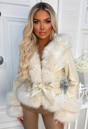 Luxury Escape Beige Faux Leather Hooded Skater Belted Coat