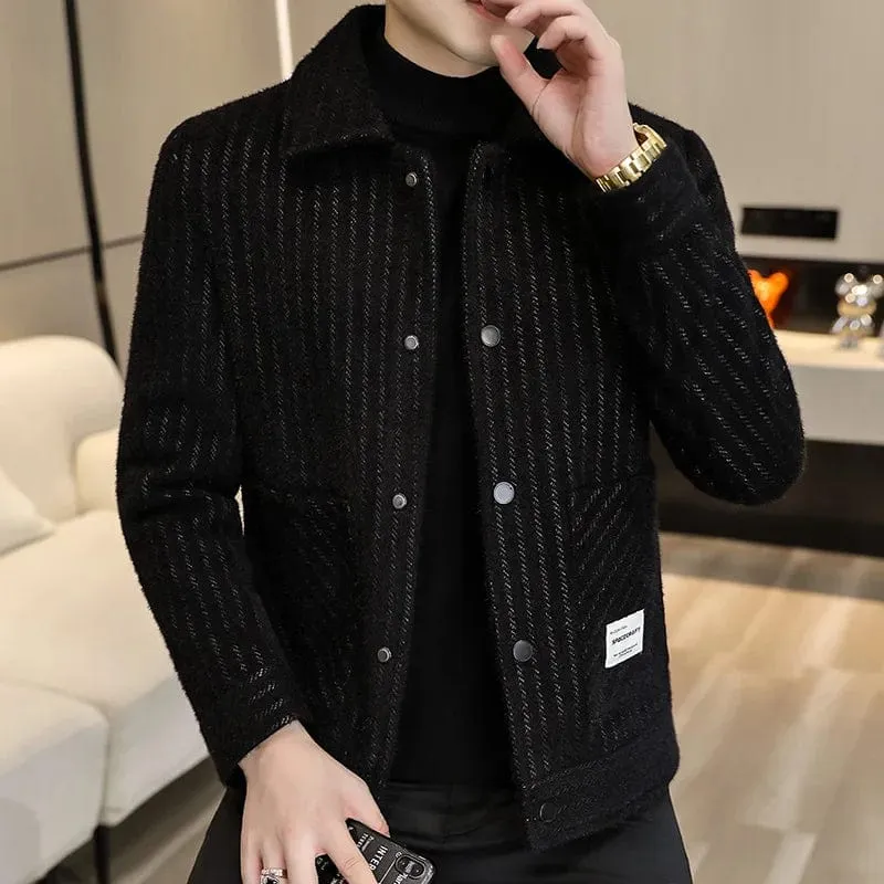 Luxury Striped Men's Jacket Smart Casual Business Wool Blends Slim Coat