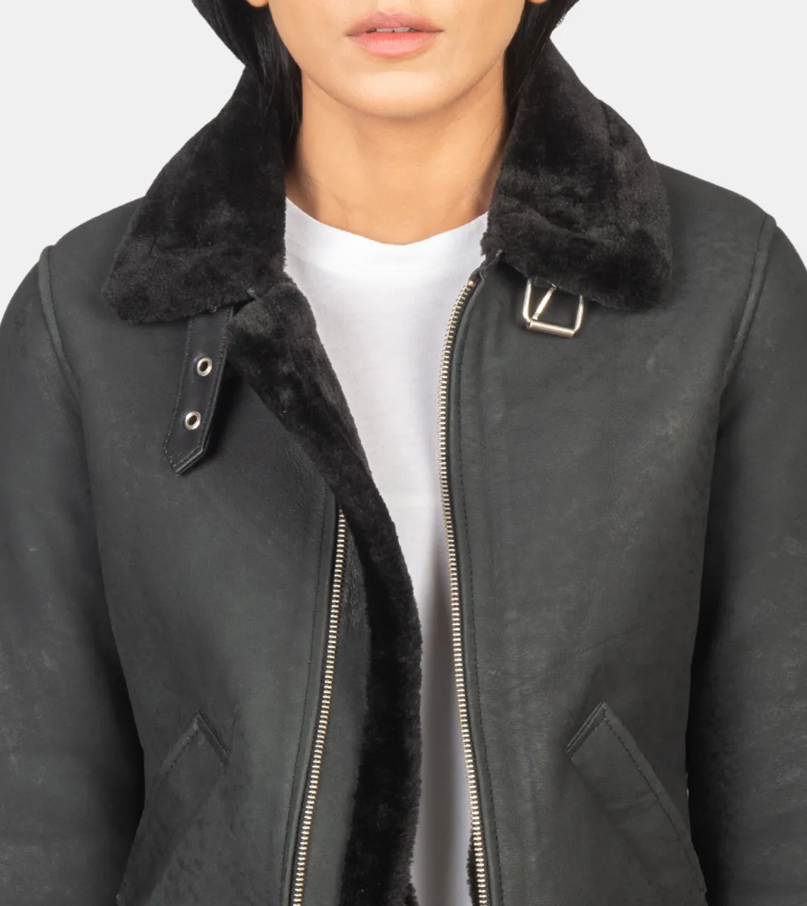 Maisiel Women's Black Bomber Shearling Leather Jacket