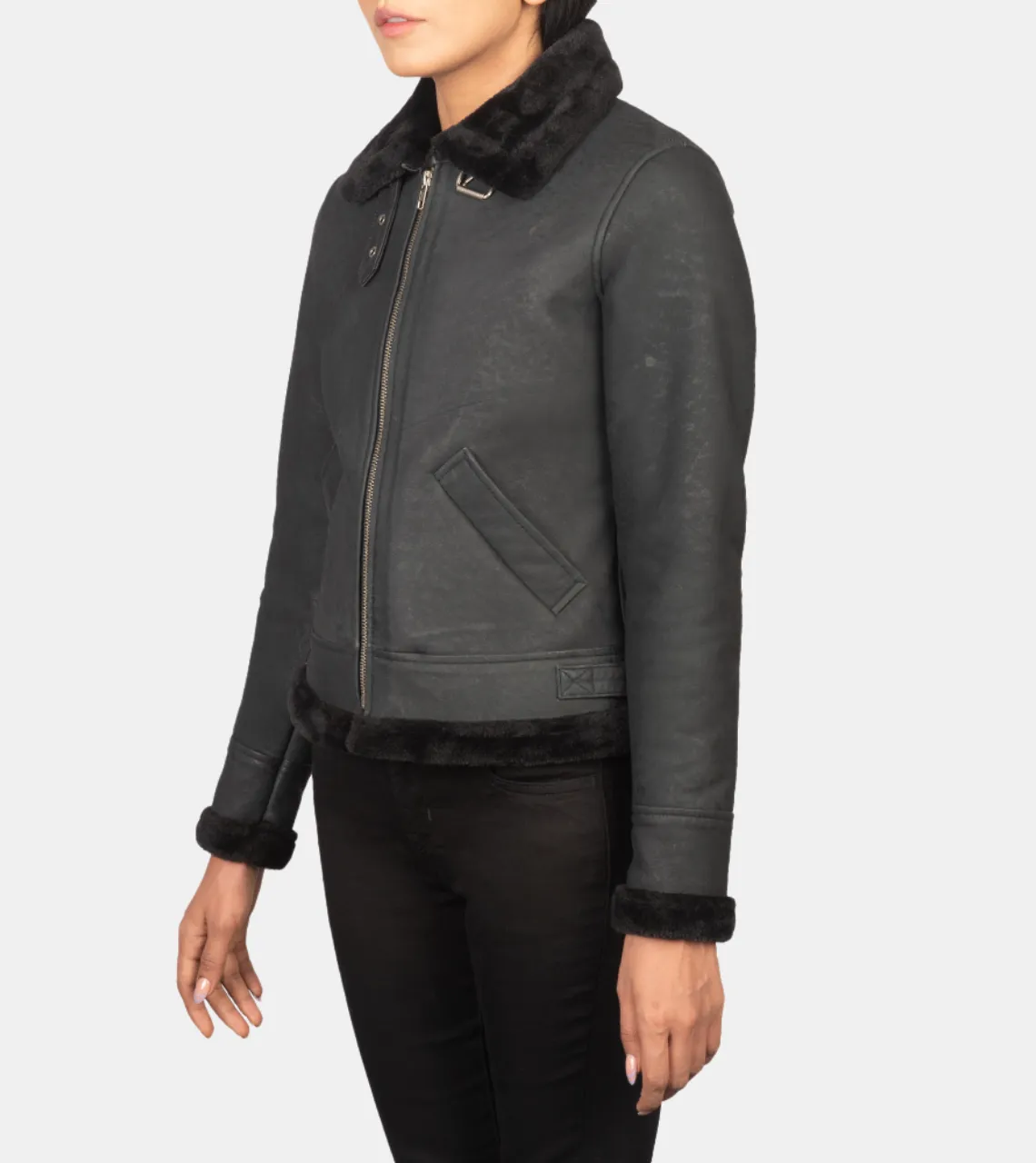 Maisiel Women's Black Bomber Shearling Leather Jacket