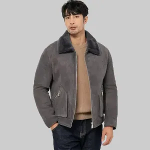 Men's Grey Suede Shearling Jacket - Sheepskin Leather Coat