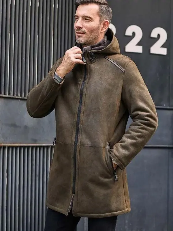 Men's Long Trench Coat with Removable Hooded Fur Outwear Warmest Winter Overcoat