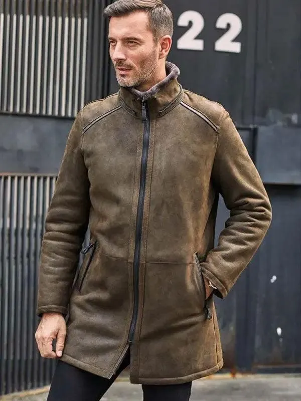 Men's Long Trench Coat with Removable Hooded Fur Outwear Warmest Winter Overcoat