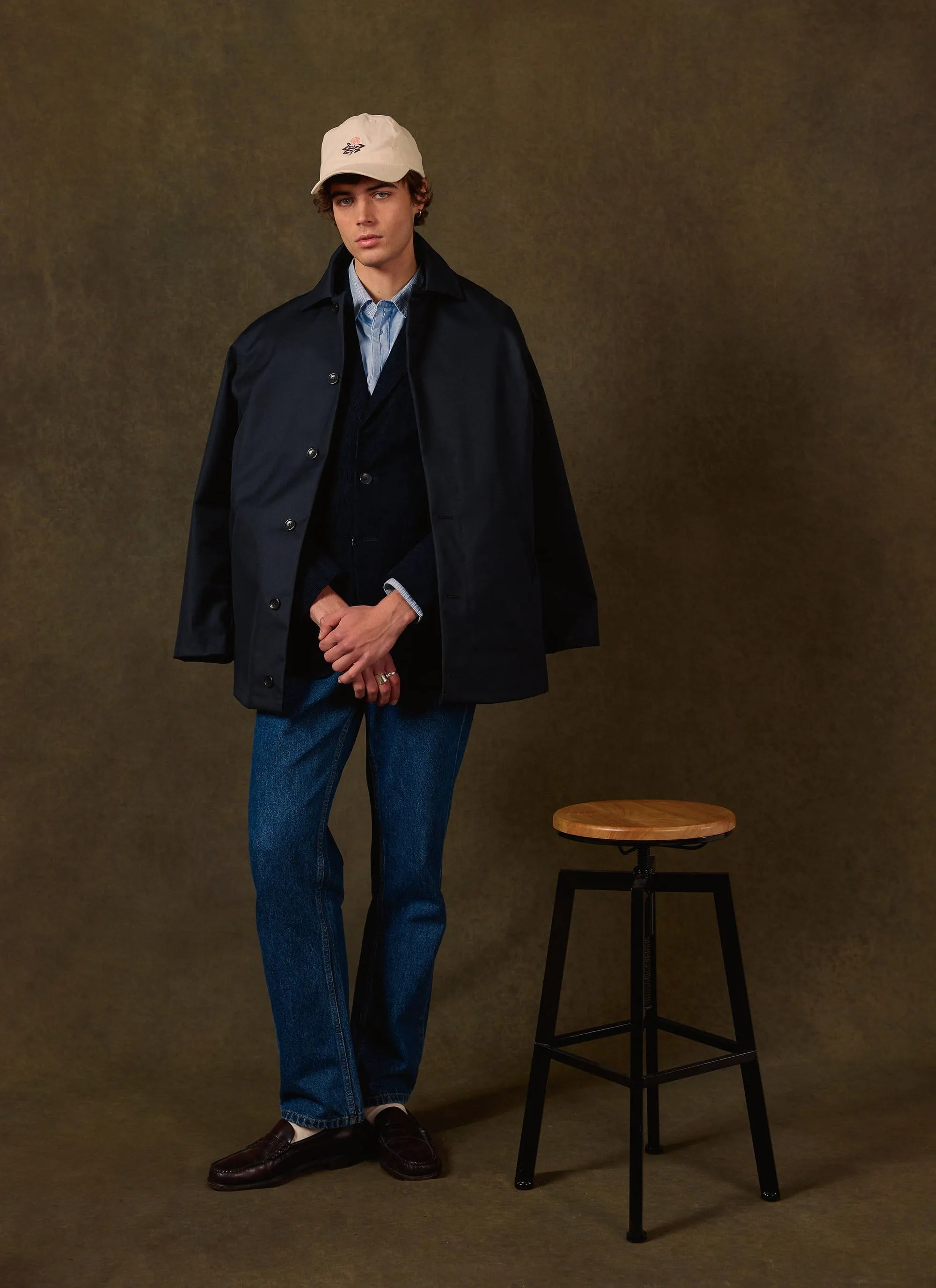 Men's Navy Sherlock Short Trench Coat | Waterproof | Midnight with Olive