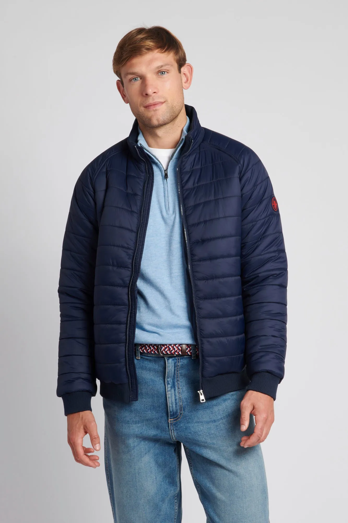 Mens Raglan Lightweight Puffer Jacket in Navy Blazer / Haute Red