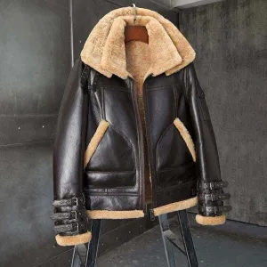 Men's Shearling Coat B3 Bomber Jacket Short Fur Coat Fashion Motorcycle Jacket