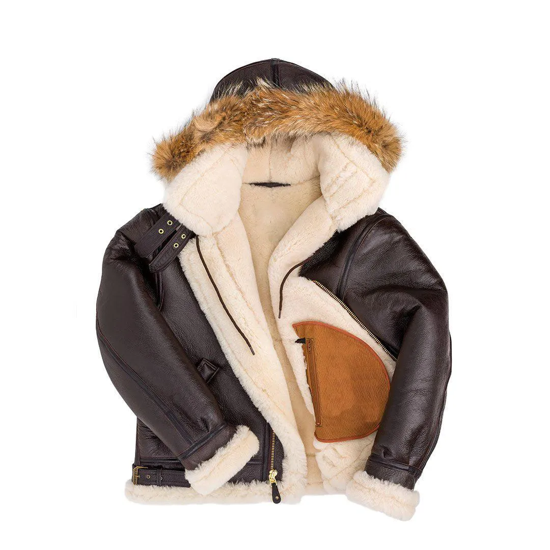 Men's Shearling Sheepskin B3 Fur Hoodie Style Bomber  Coat