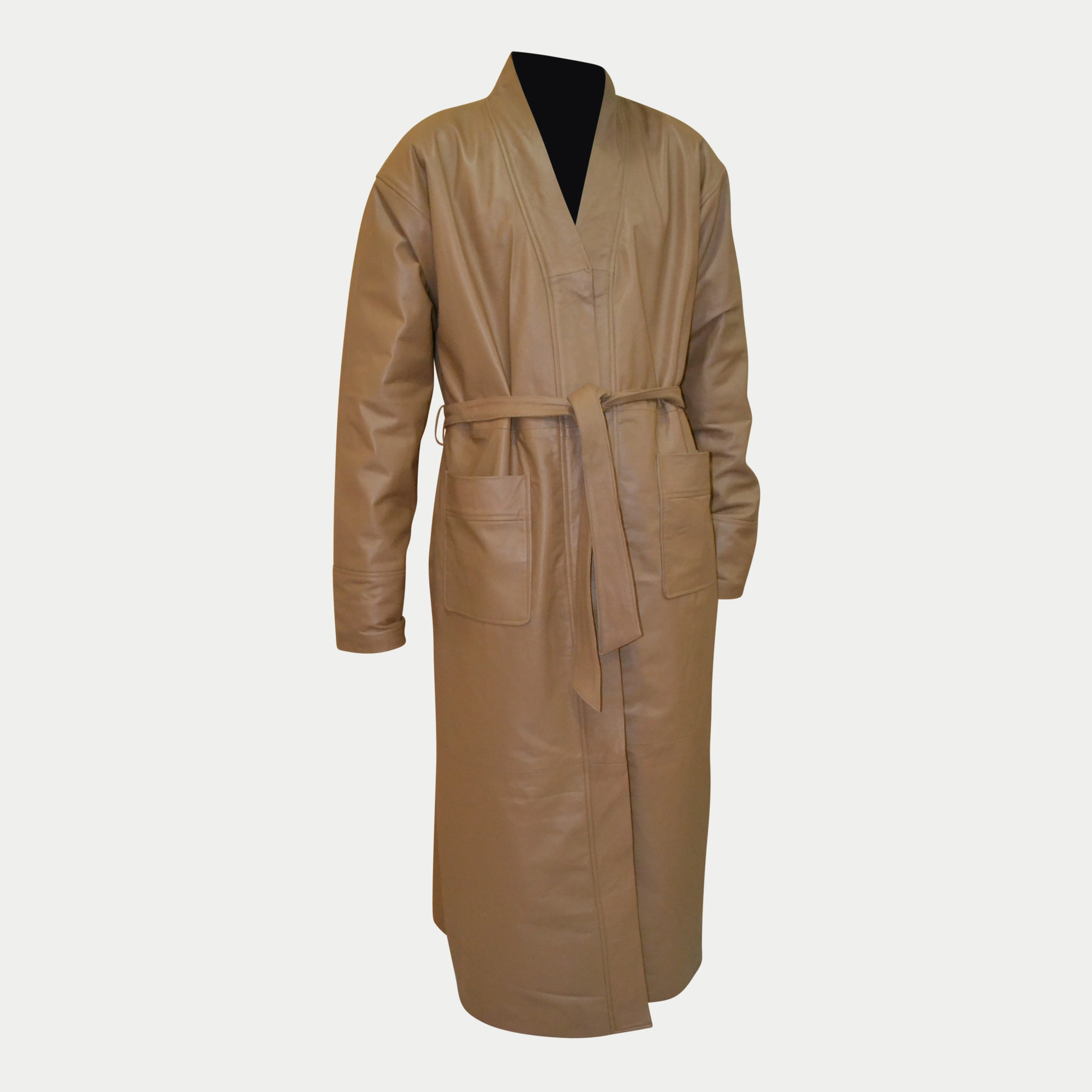 Men's Tan Long Belted Genuine Lambskin Leather Bathrobe