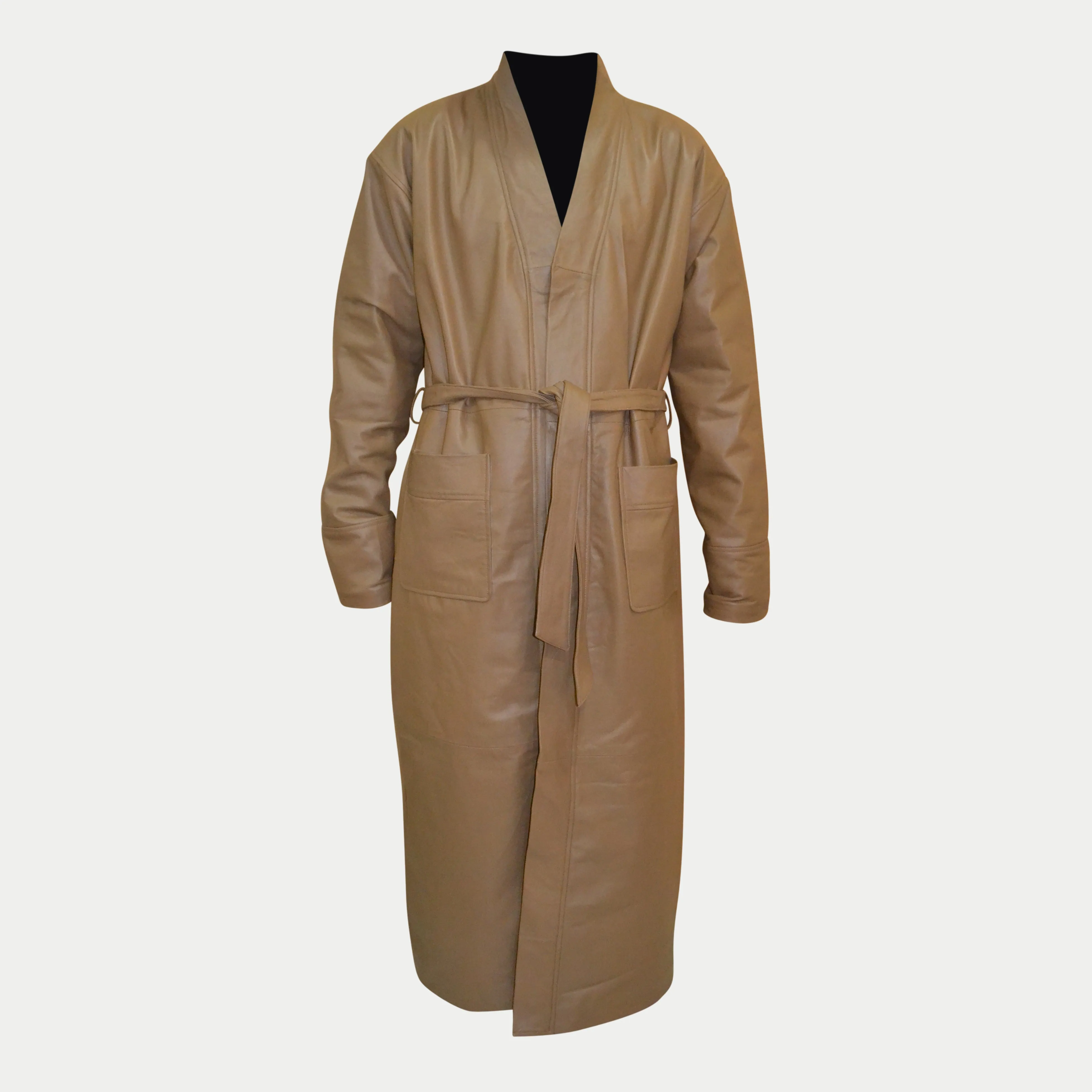 Men's Tan Long Belted Genuine Lambskin Leather Bathrobe