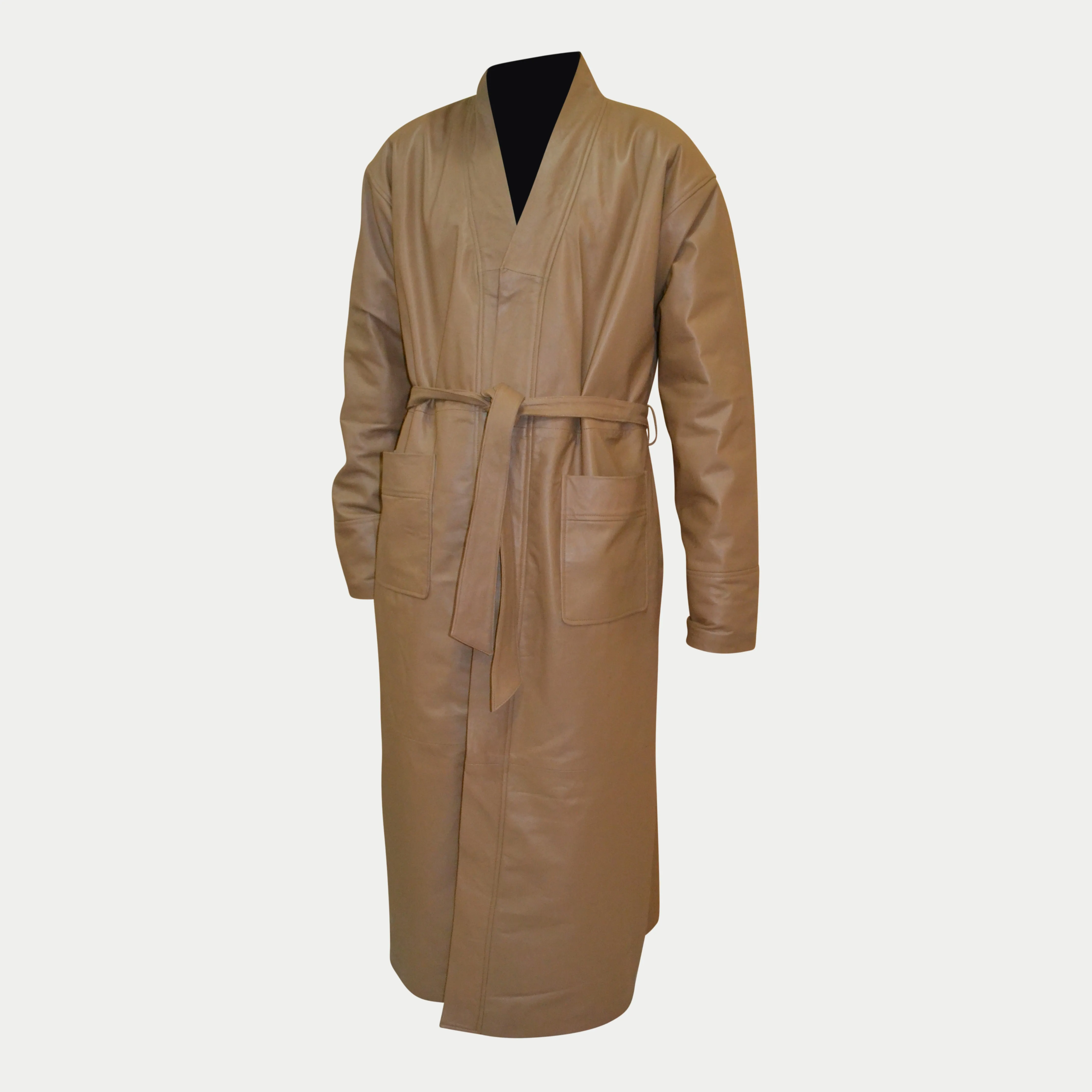 Men's Tan Long Belted Genuine Lambskin Leather Bathrobe