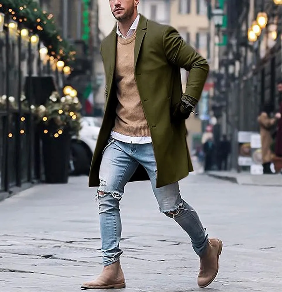 Men's Trench Coat Army Green Winter Warm Cotton Long Jacket Overcoat