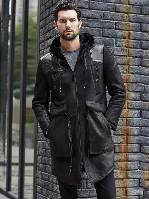 Men's Winter Shearling Fur Black Leather Long Trench Coat Outerwear