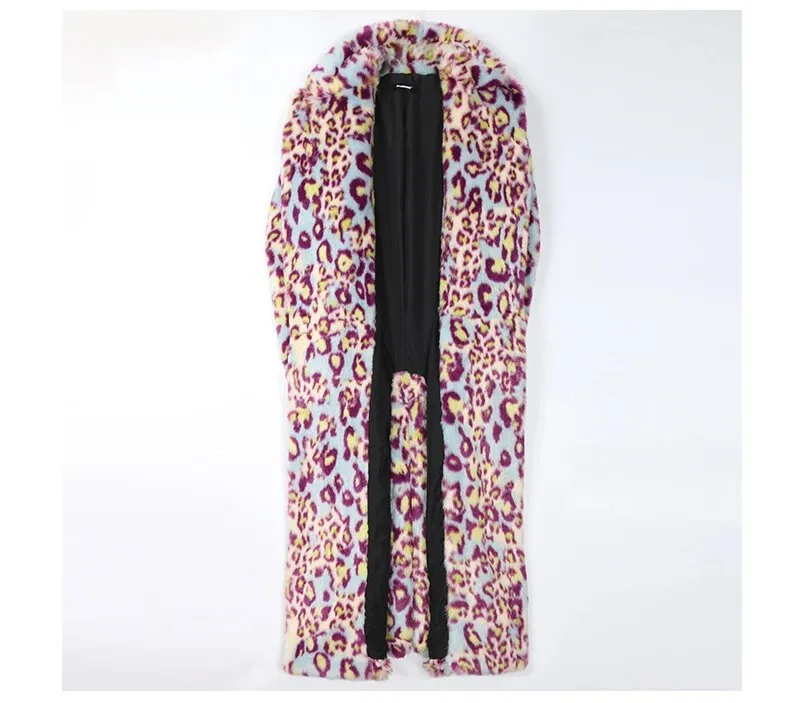 Multicolor Leopard Fluffy Faux Fur Trench Coat