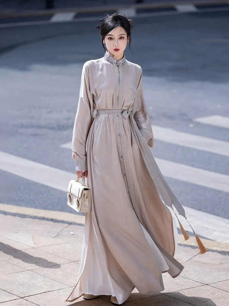 New Chinese style | Everyday stand-up collar dress shirt long skirt