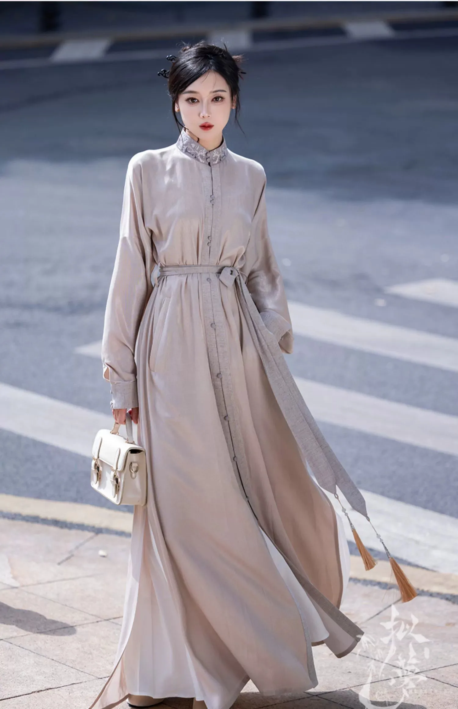 New Chinese style | Everyday stand-up collar dress shirt long skirt