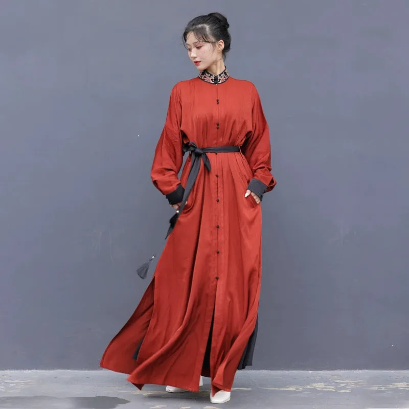 New Chinese style | Everyday stand-up collar dress shirt long skirt