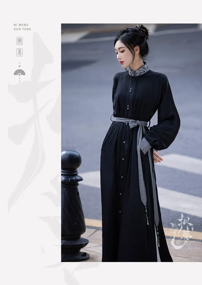 New Chinese style | Everyday stand-up collar dress shirt long skirt