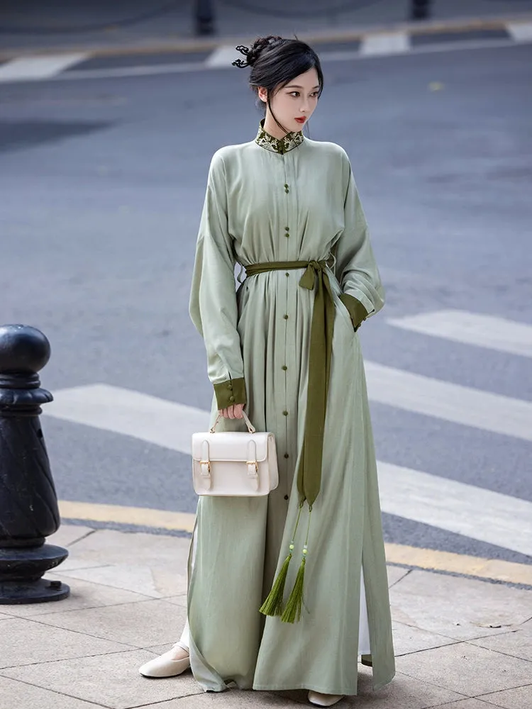 New Chinese style | Everyday stand-up collar dress shirt long skirt