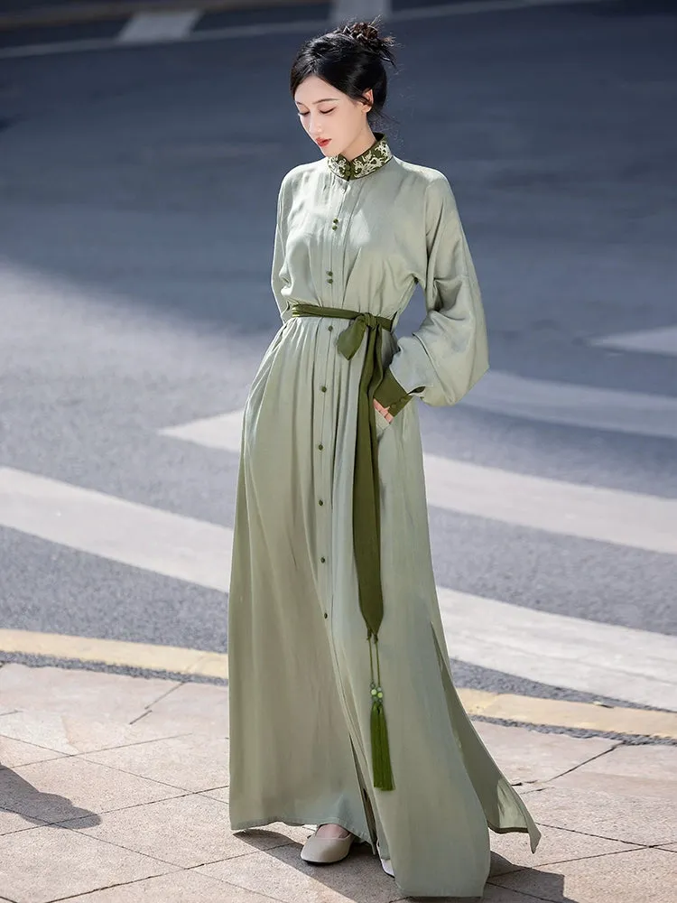 New Chinese style | Everyday stand-up collar dress shirt long skirt