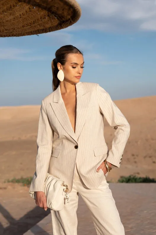 Oversized Striped Jacket With Linen Beige