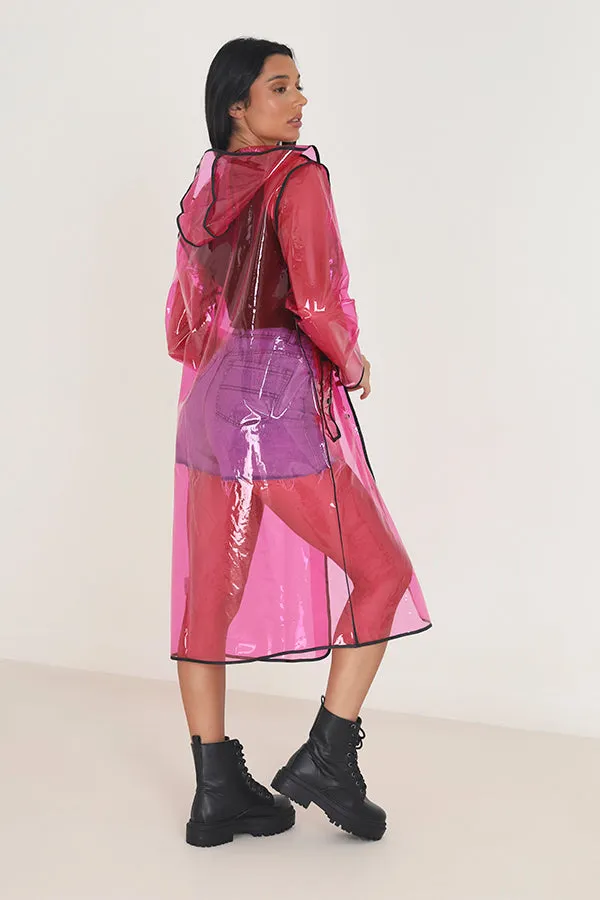 PINK SEE THROUGH LONGLINE HOODED FESTIVAL MAC