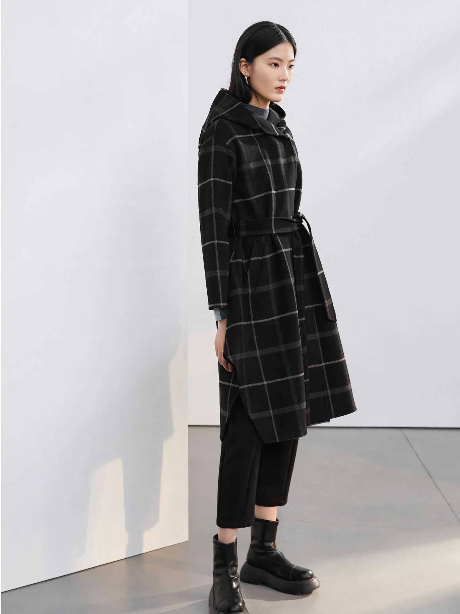 Plaid Hooded Belted  Wool Coat