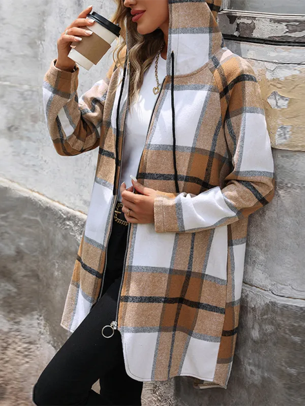 Plaid Hooded Long Jacket - Ideal for Fall