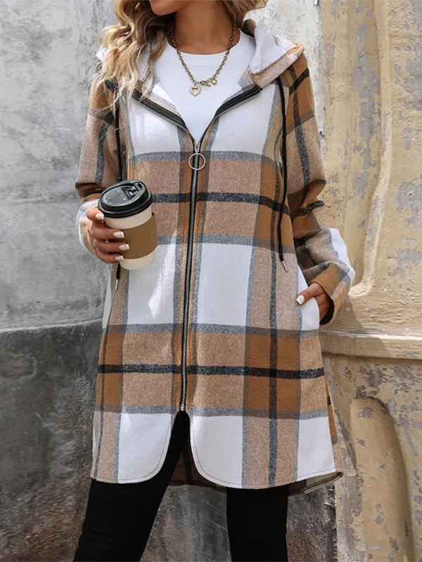 Plaid Hooded Long Jacket - Ideal for Fall