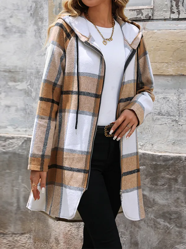 Plaid Hooded Long Jacket - Ideal for Fall