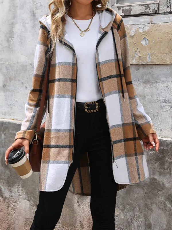 Plaid Hooded Long Jacket - Ideal for Fall