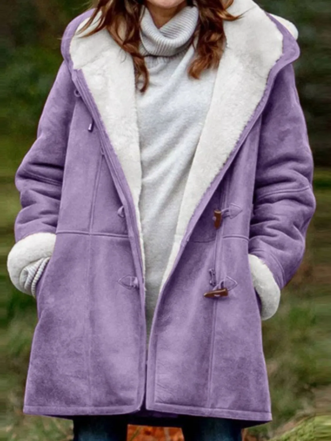 Pocketed Long Sleeve Hooded Jacket with Toggle Buttoning