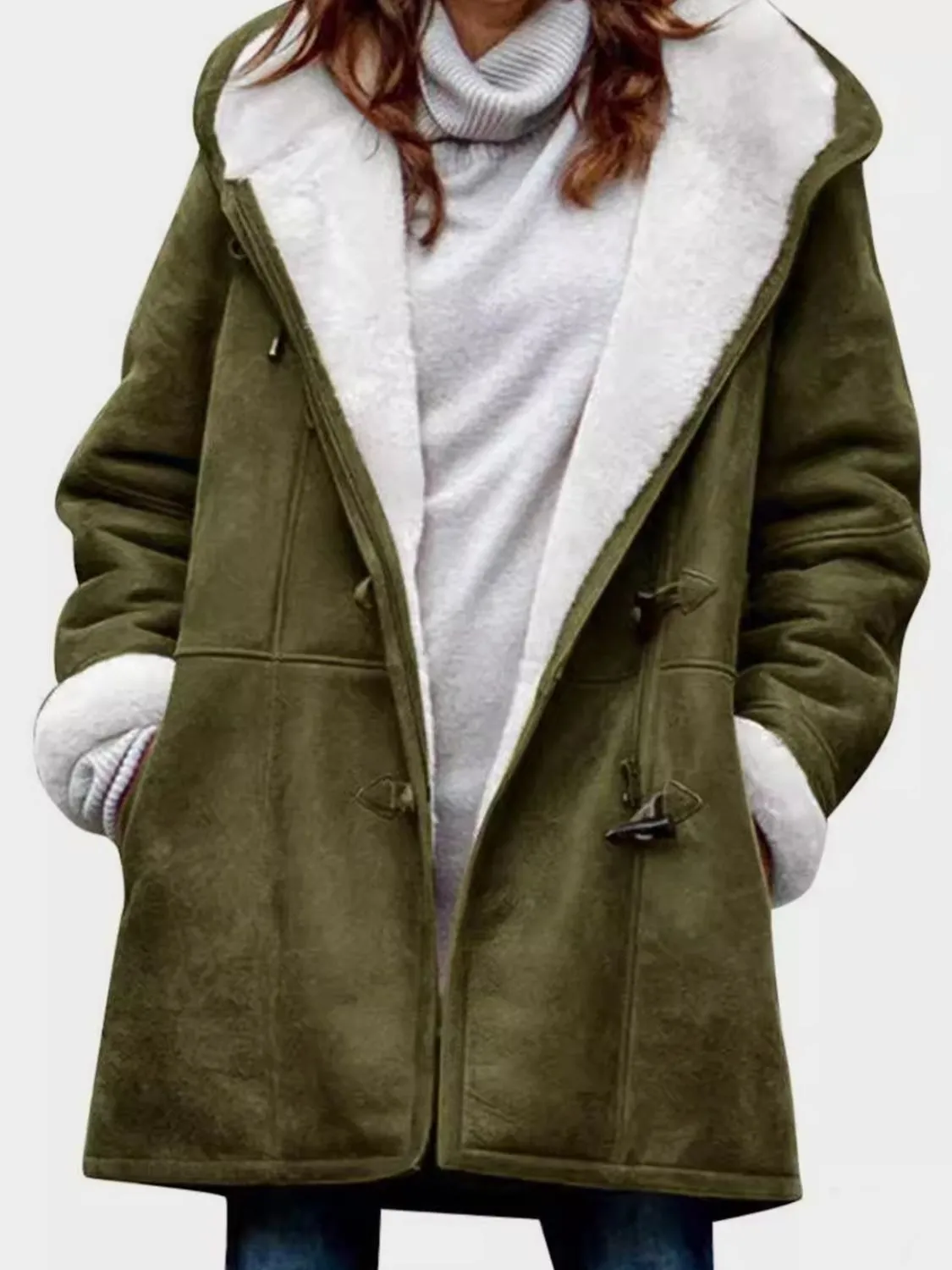 Pocketed Long Sleeve Hooded Jacket with Toggle Buttoning