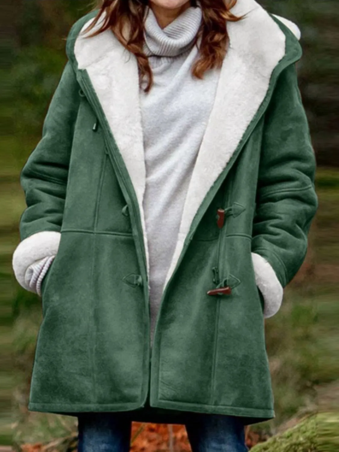 Pocketed Long Sleeve Hooded Jacket with Toggle Buttoning