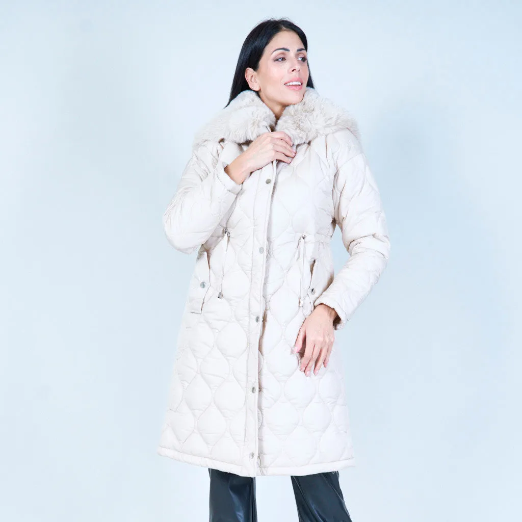 Quilted coat with faux fur hood wholesale