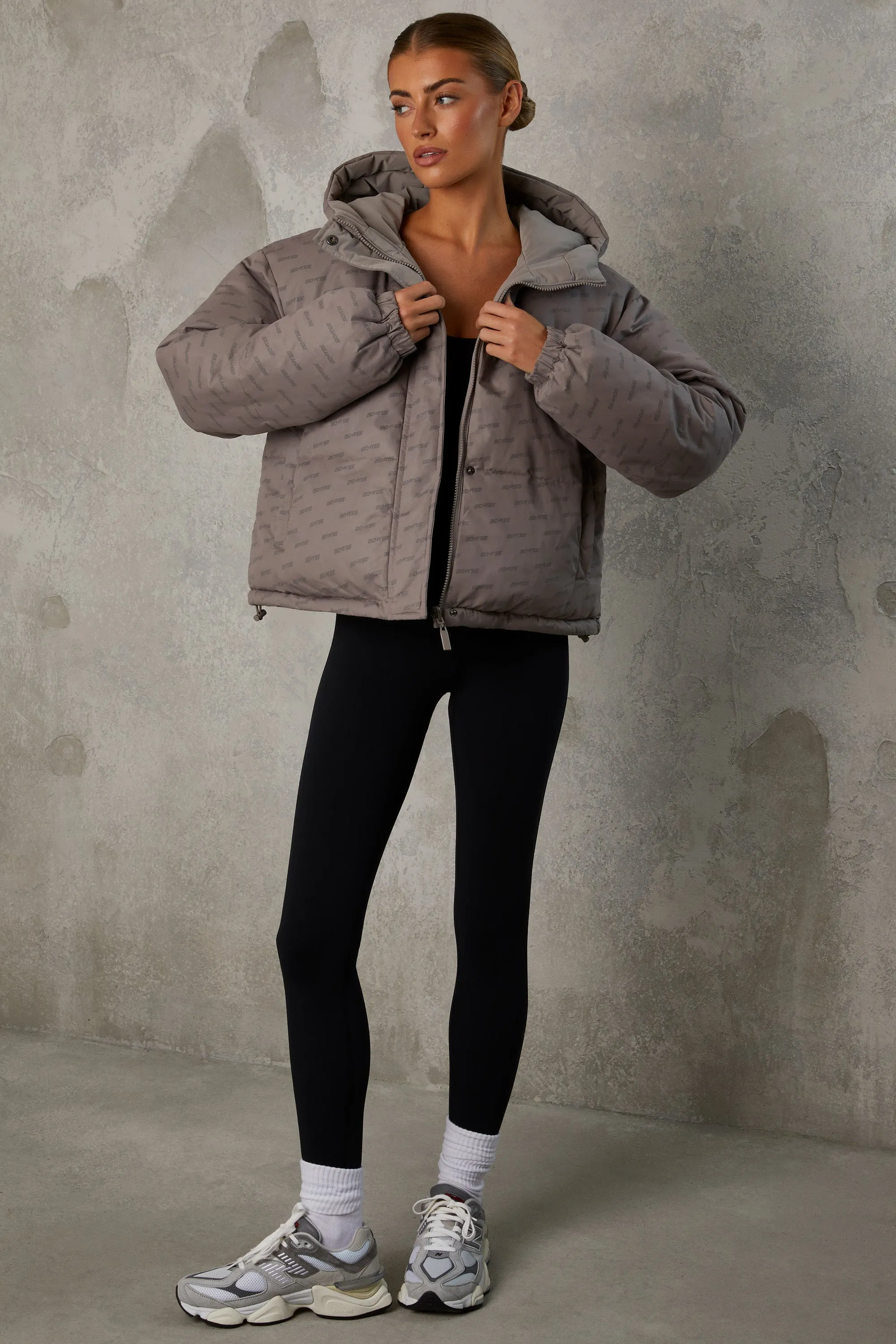 Reversible Hooded Puffer Jacket in Warm Grey