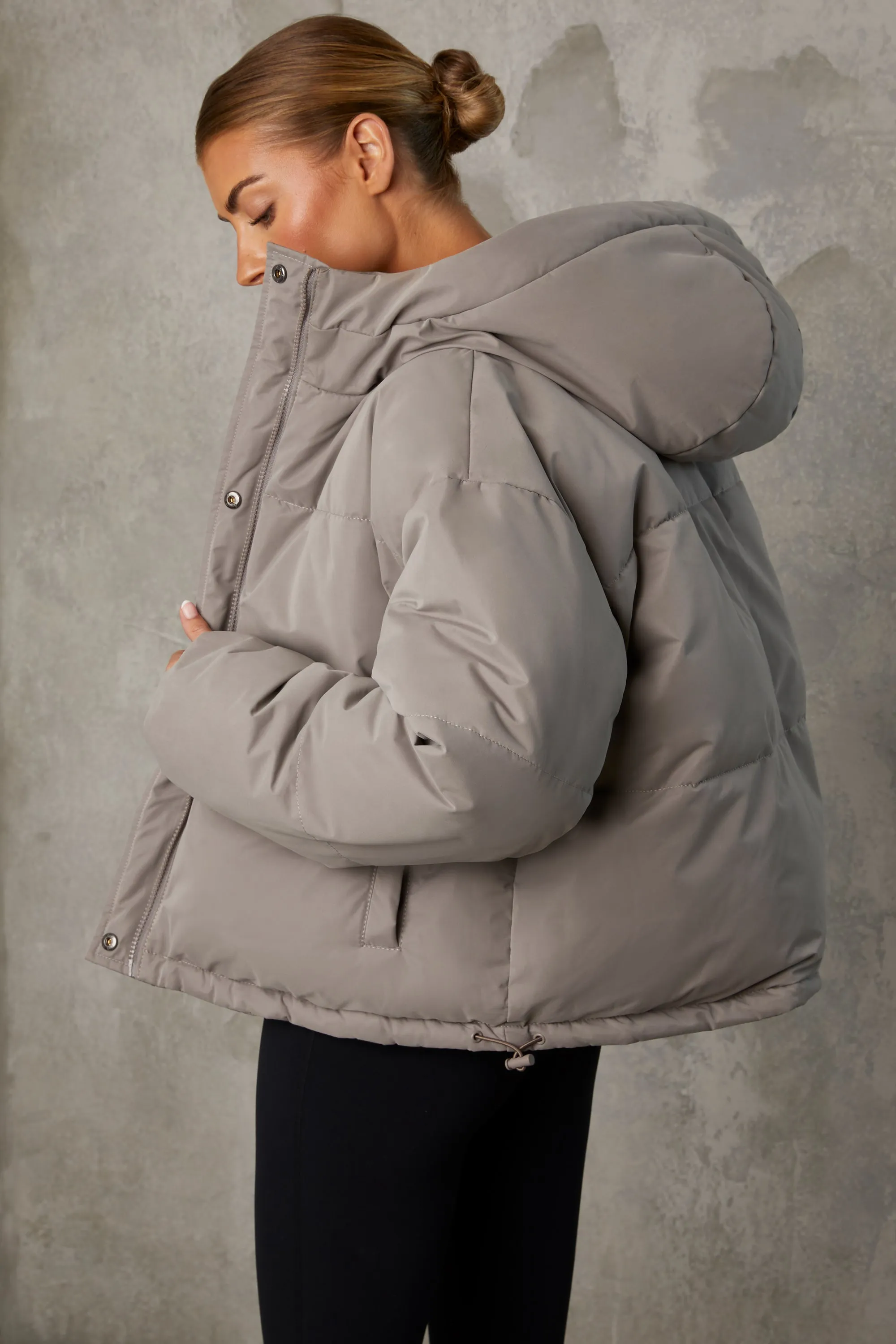 Reversible Hooded Puffer Jacket in Warm Grey