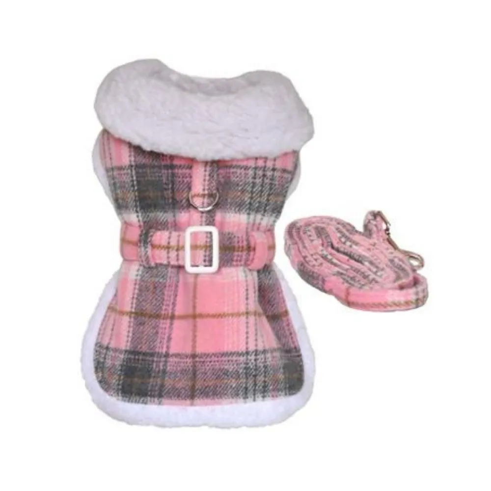 Sherpa-Lined Dog Harness Coat - Pink & White Plaid