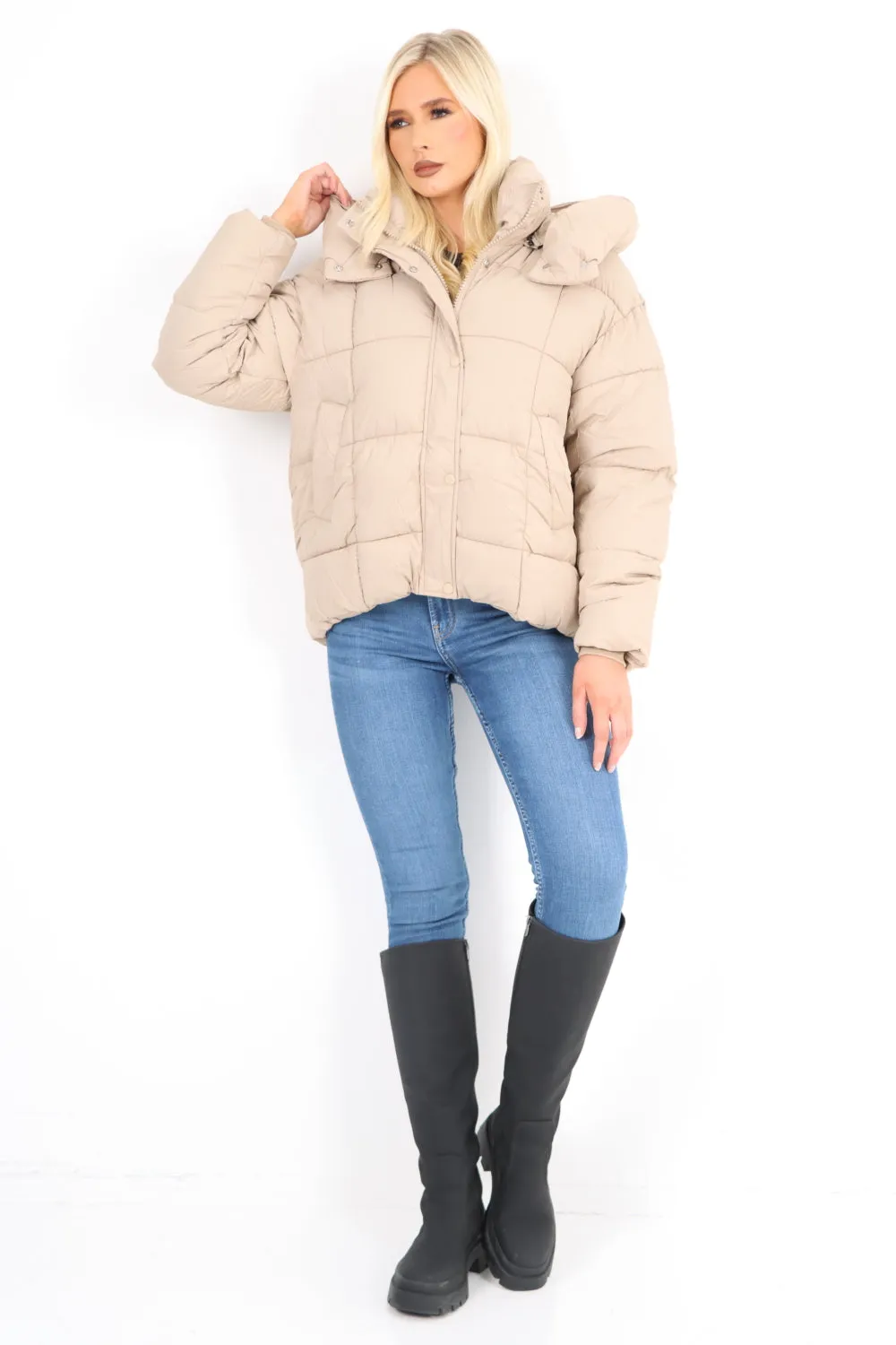 Side Pocket Padded Hooded Long Sleeve Short Jacket