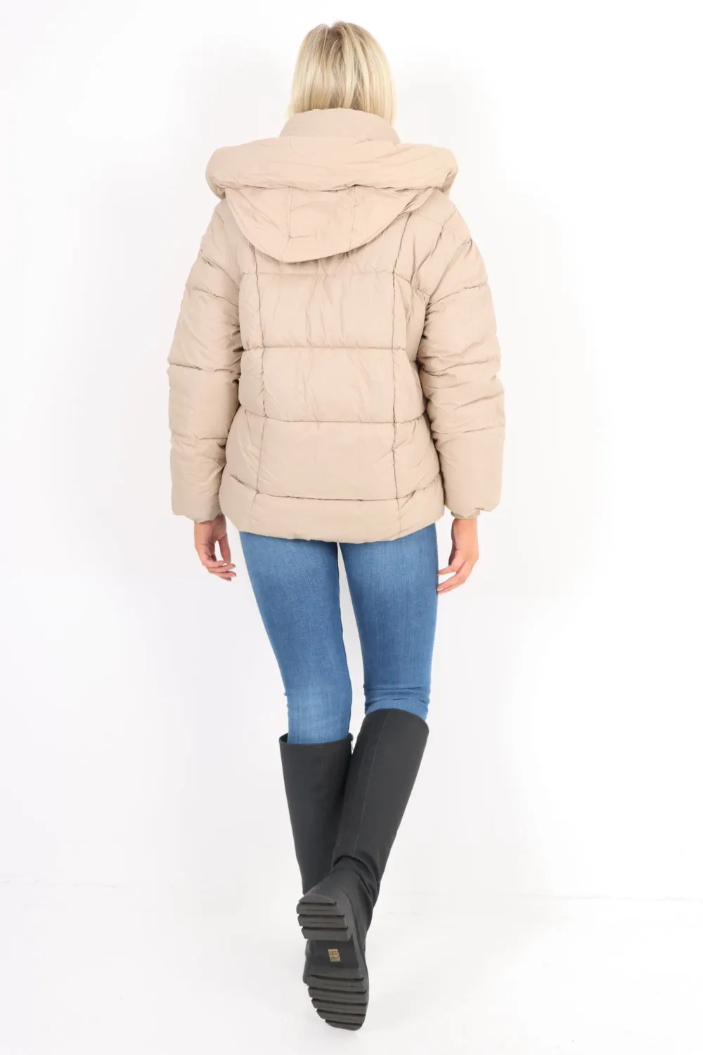 Side Pocket Padded Hooded Long Sleeve Short Jacket