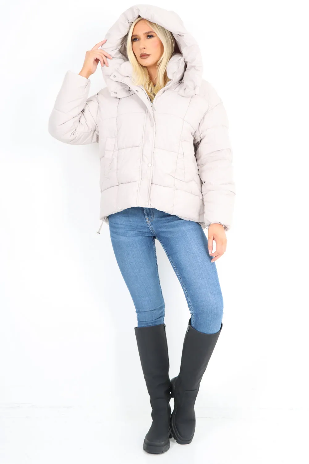 Side Pocket Padded Hooded Long Sleeve Short Jacket