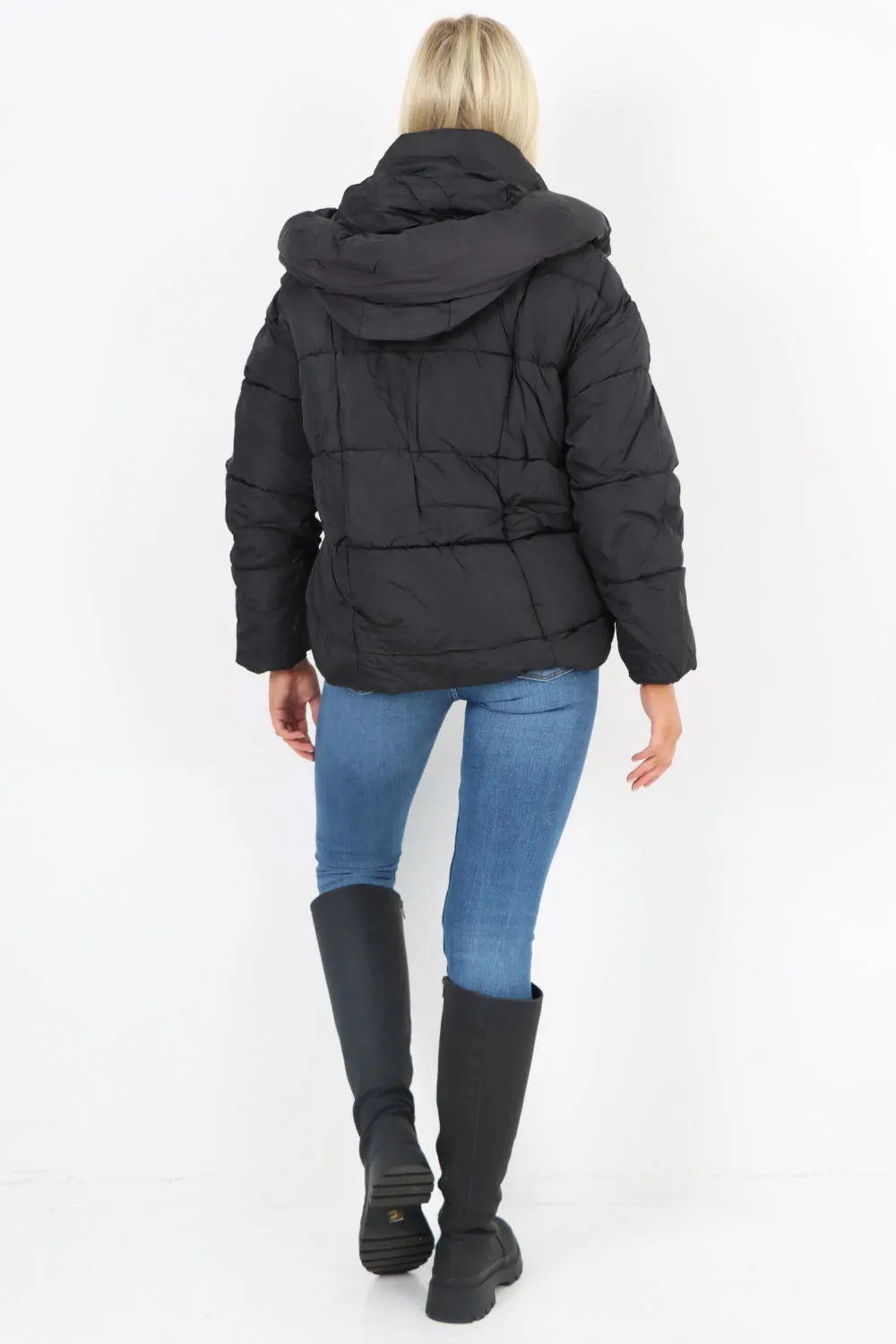 Side Pocket Padded Hooded Long Sleeve Short Jacket